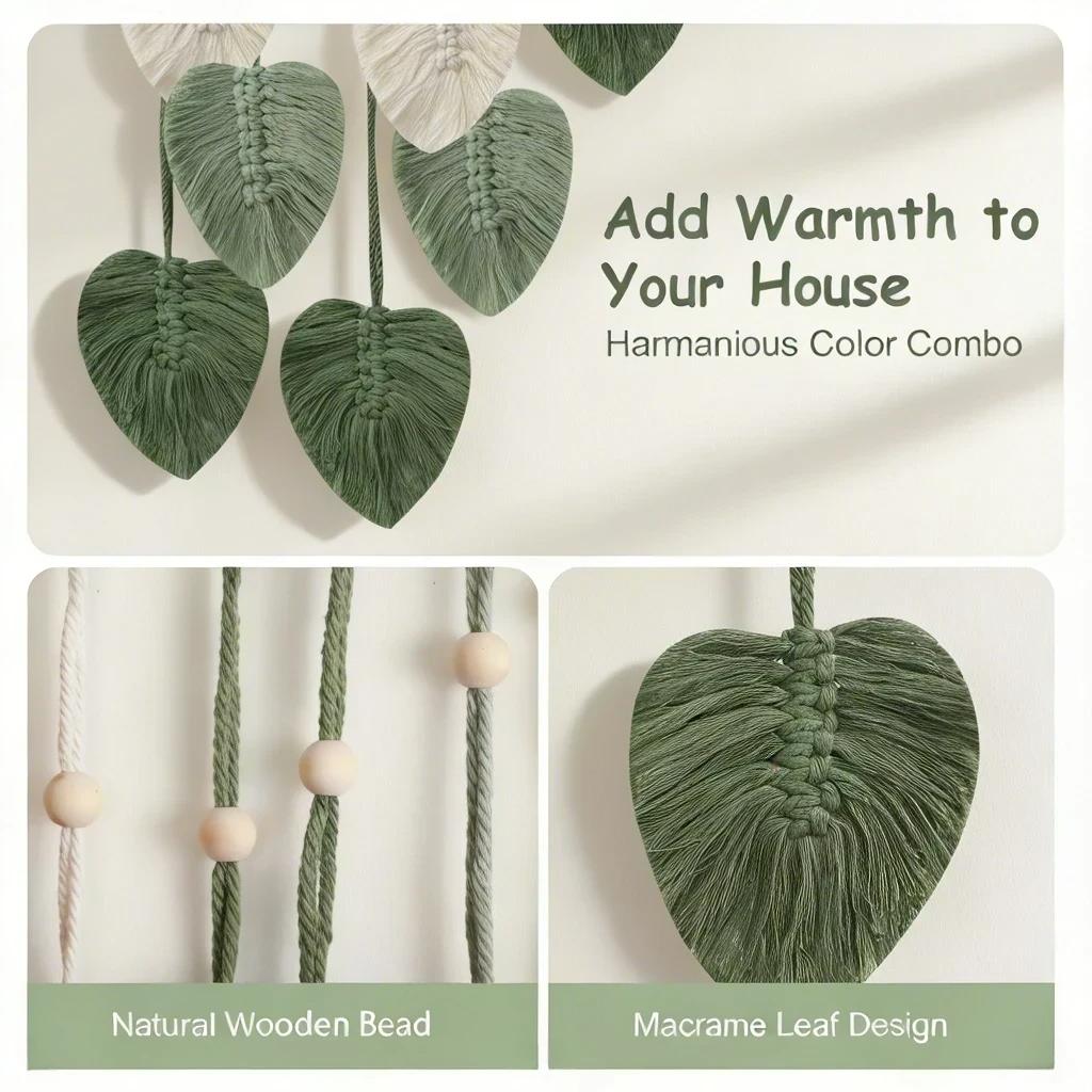 Macrame Woven Leaf Wall Hanging Boho Green Leaves Tapestry Handmade Art Chic Home Decor for Bedroom Living Room