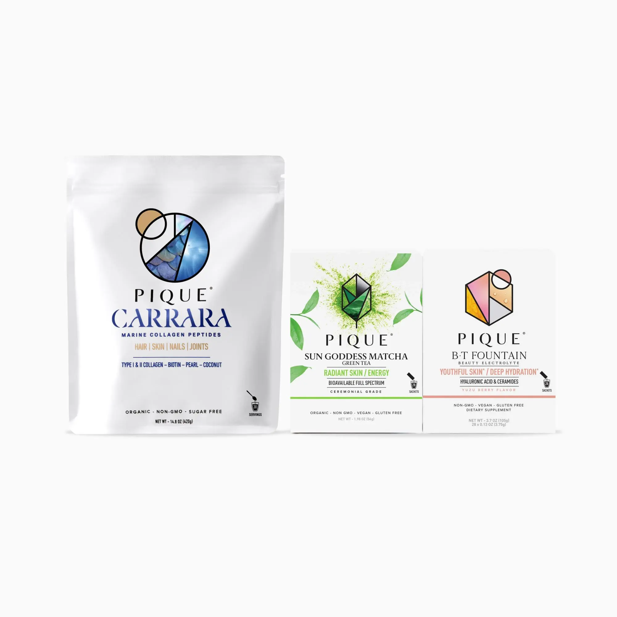 Pique Life Skin Longevity Protocol - Sun Goddess Matcha, B•T Fountain, Carrara, Radiant Skin - 86 servings