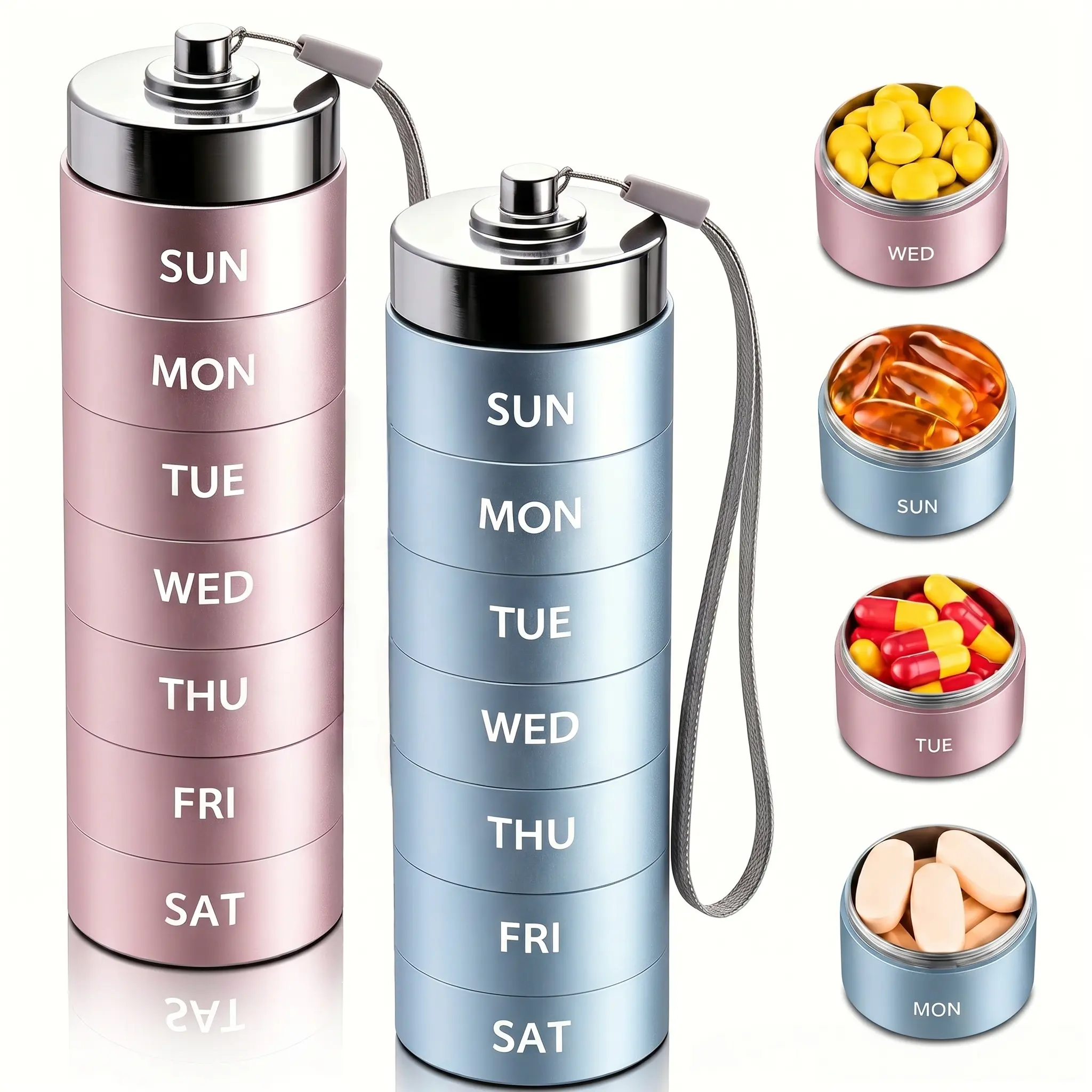 [2 Pack] Large Waterproof Cylinder Pill Organizer for Youth & Adults, Lightweight Reusable Stackable Aluminum Alloy Vitamin Case, Portable Daily Medicine Holder for Fish Oil & Supplements, Travel Essential by