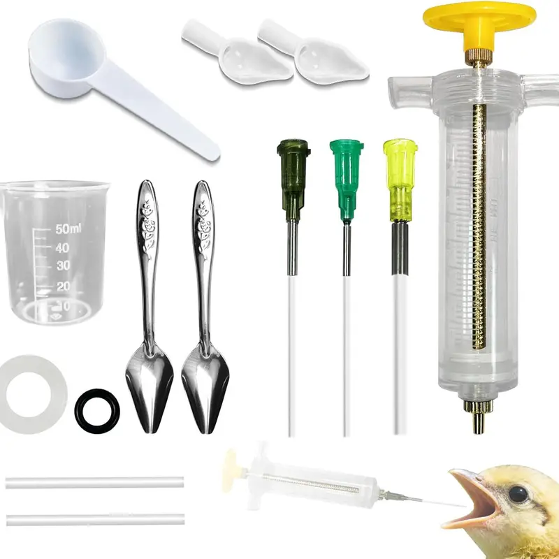 14 PCS Baby Bird Hand Feeding Syringe Set, Compact for Storage Parrot Feeding Kit with Tubes, 50ml Measuring Cup, Plastic & Steel Parts, Adjustable Scale, Volume Control, 1mm-4mm Diameter Bird-Shaped Tips, Easy-Clean Young Avian Pet Supplies