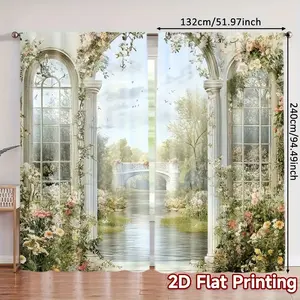 Pack of 2, 2D flat print landscape garden curtain curtain curtain, French garden style, machine washable polyester material (excluding rod, no need to move, no battery), suitable for kitchen, living room, office, bedroom and other home decoration.