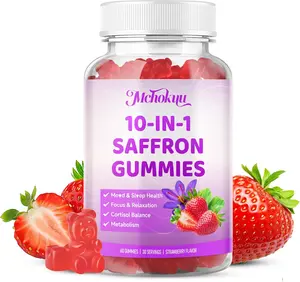 Saffron Supplements Gummies for Kids & Adults Vision, Zzz, Focus & Cortisol with Ashwagandha, L-Theanine, Rhodiola Rosea, St.John's Wort, Lemon Balm, Vitamin D3, B6, Magnesium & Zinc, Strawberry, 60Ct