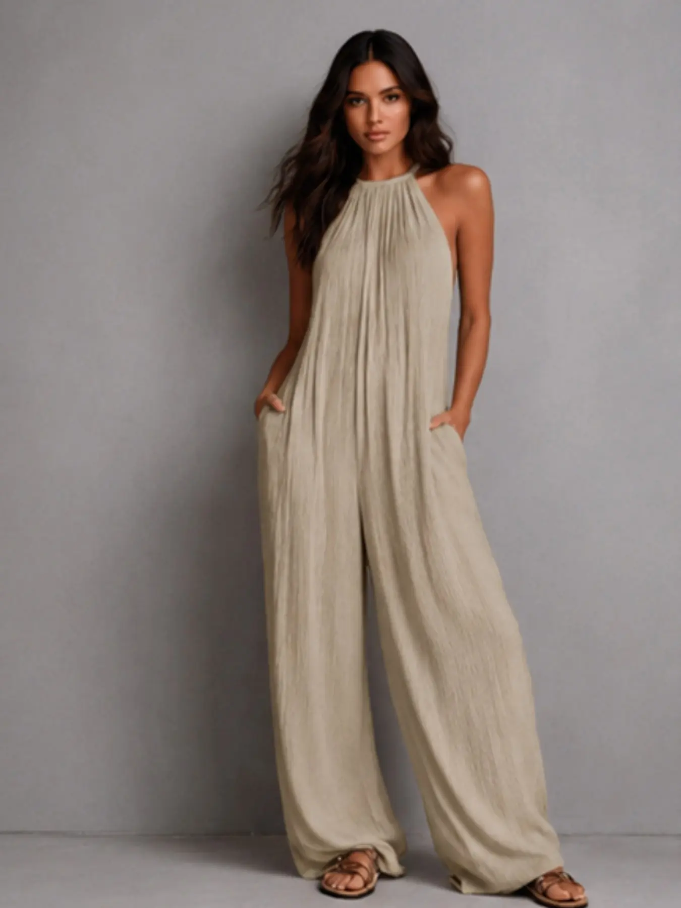 Breathable Crinkled Halter Wide Leg Women's Jumpsuit with Pockets, Flowy Comfy Chic Summer for Vacation Beach, Casual Daily Outing Wear