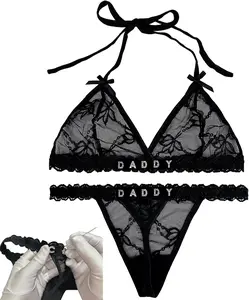 Personalized Name Thong & Bra set - Womens' Custom Thong & Bra set with Silver or Gold Rhinestone Letters - distintive lace Lingerie set Gift for her