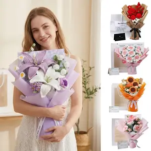 Kedomiu Crochet Flower Bouquet with Greeting Card And Gift Bag, Handmade Artificial Knitted Lilies And Roses, Warm Faux Bouquet for Mother's Day, Wedding, Anniversary, Birthdays, Valentine's Day