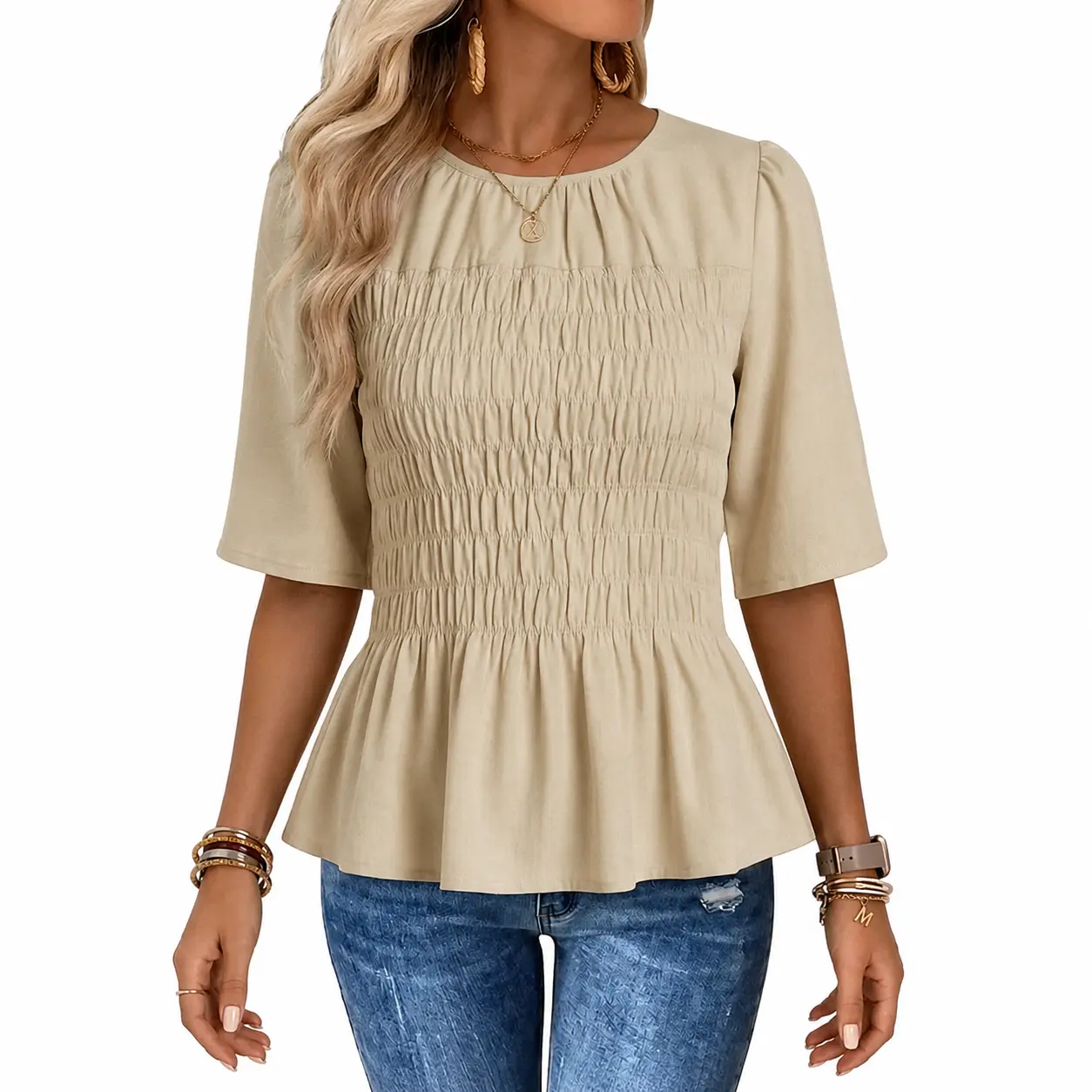 Flamingals Solid Shirred Ruffle Hem Round Neck Puff Sleeve Blouse