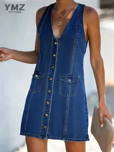 YMZFITTING Retro Button Front Denim Mini Dress Vintage Style Chic Fitted Silhouette Youthful Energy Casual Womenswear