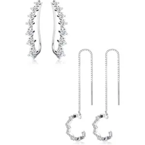 Milacolato 2Pairs Sterling Silver Ear Cuffs CZ Climber Crawler Earrings for Women Cartilage Piercing Earrings Set Wave Cuff Threader Earrings for Women