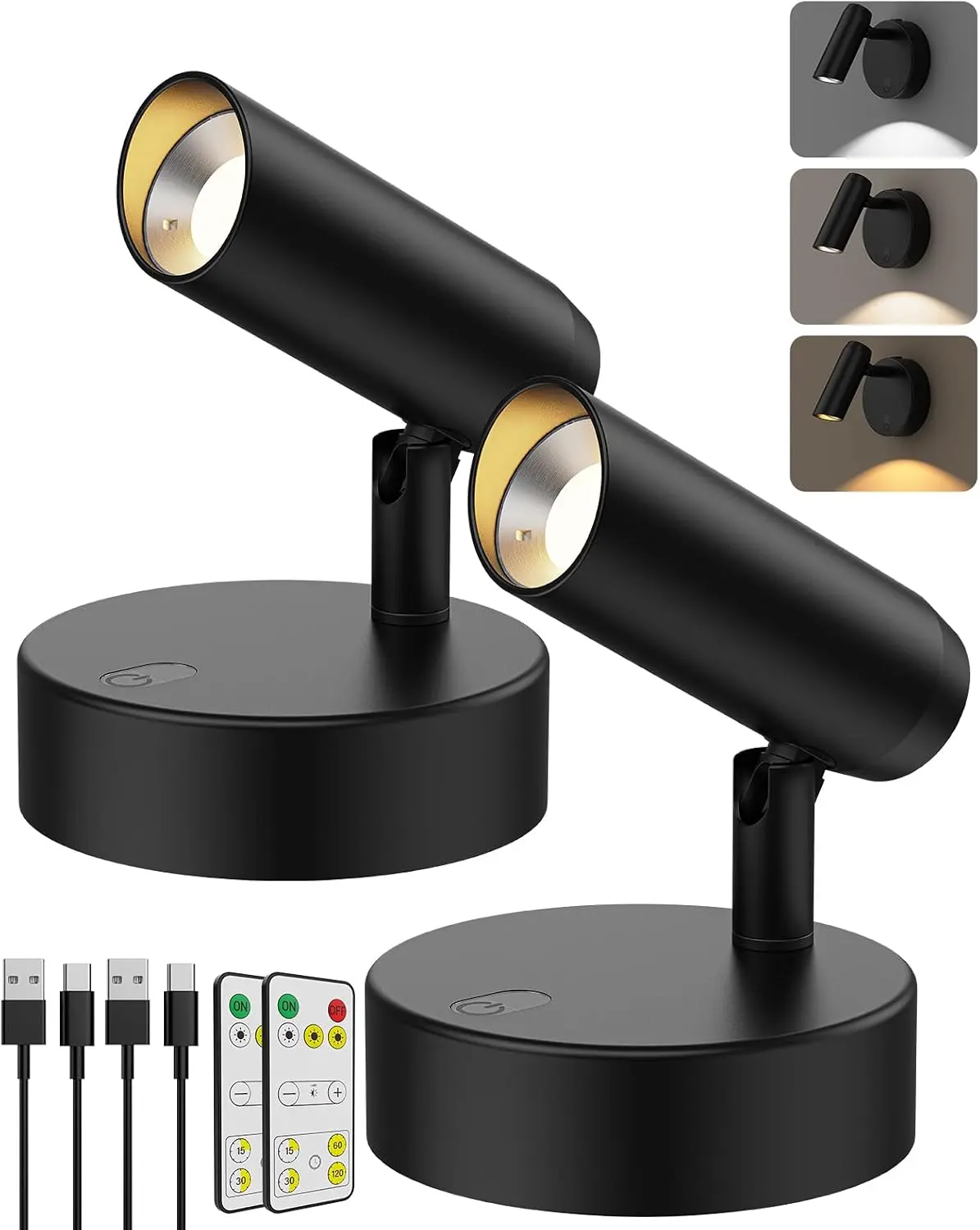 2 Pack Rechargeable Indoor Spotlights with Remote, Wireless Dimmable Accent Uplights, 3 Color Temperatures, Adjustable Spot Lights for Plants, Artwork, Pictures, Dartboard & Home Decor