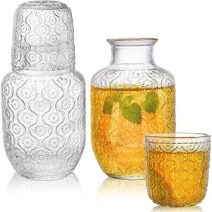 4 count Bedside Water Carafe and Glass Tumblers, 20 OZ Clear Nightstand Pitcher with 5 OZ Cup Set, Glass Mouthwash Decanter  Elegant Glassware for Juice, Kitchen, Bedroom, Bar, Bathroom