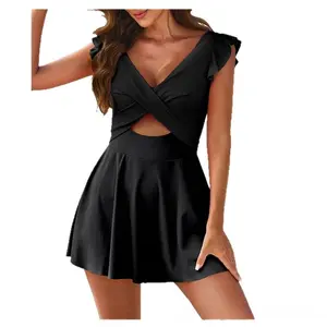 Women's Plus Size Swimsuit Tummy Control One Piece Swimdress Ruffle V Neck Cutout Wrap Bathing Suit with Skirt