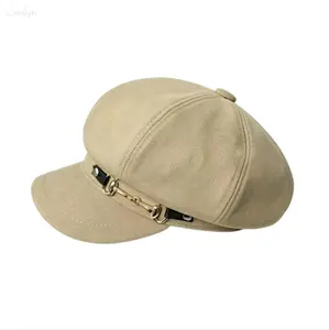 Metal Chain Buckle Newsboy Cap, Women Vintage Octagonal Beret, Soft Solid Color Cabbie Hat for Daily & Outdoor Wear hats gorras
