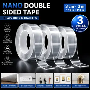 3 Rolls Nano Double Sided Tape Heavy Duty, Clear Washable Reusable Mounting Adhesive Tape, Strong Traceless Removable Gel Tape for Home Decor, DIY, Picture Hanging, Wall & Office Use