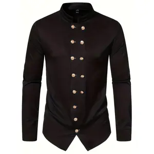 [95% Polyester Royal Palace Shirt] Men'S Vintage Royal Palace Retro Shirt, Slim Fit Polyester 95% Spandex 5% with Metal Buttons, Stand Collar, Solid Color, Non-Stretch Fabric, Regular Fit for Teen, Fall Season - 140g/m² Woven