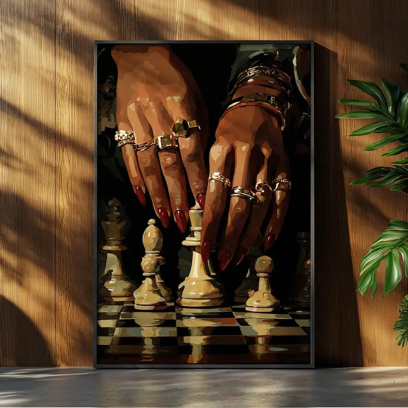 Black Woman Playing Chess Wall Art, Afrocentric Strategy Art Print, African American Woman Poster, Feminine Living Room Decor, Modern Chess Artwork, Intellectual Black Girl Wall Art