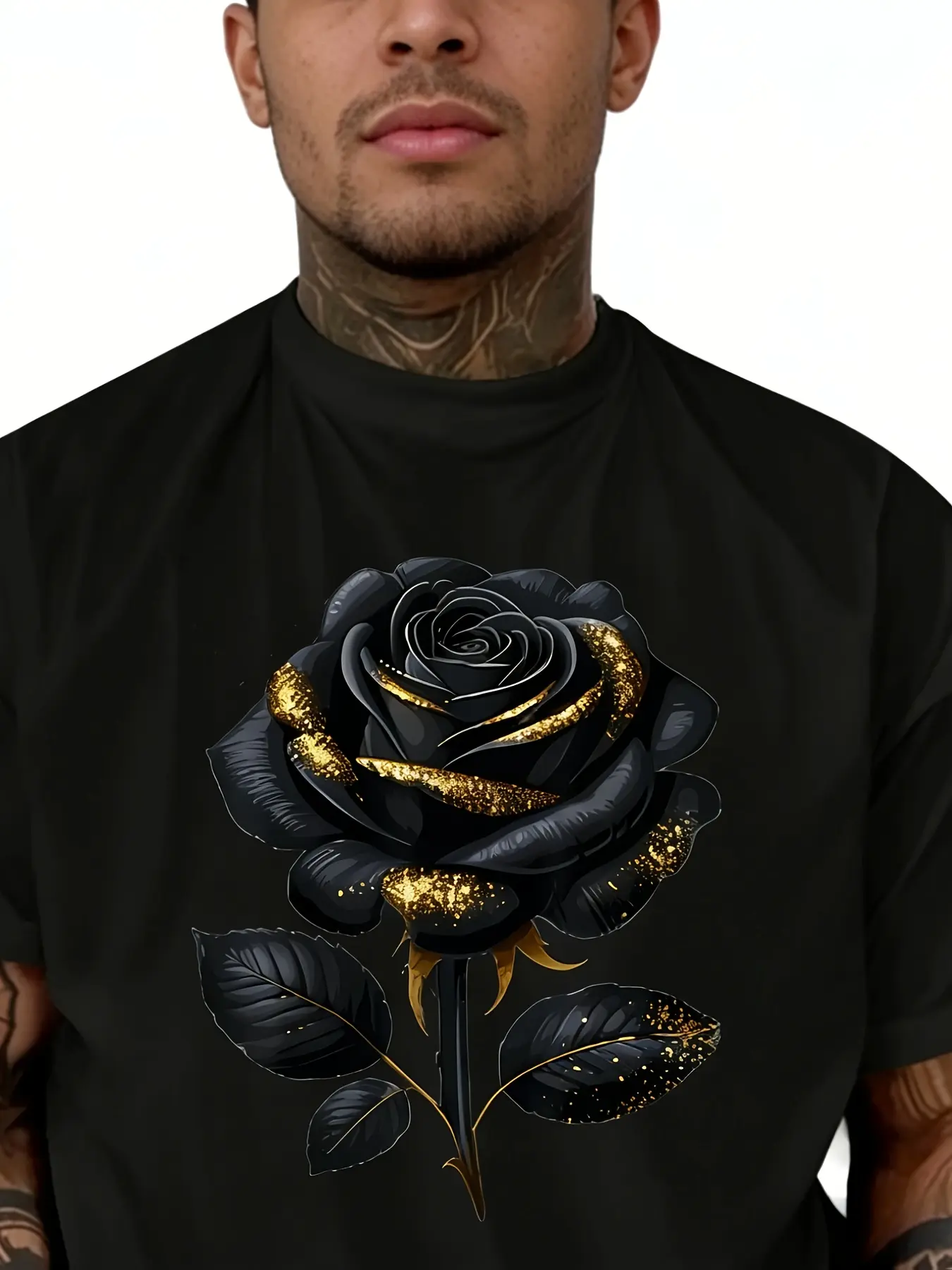 2025 Men's New Casual Pure Cotton T-shirt, Black and Golden Rose Print Design, Men's Summer Outdoor Clothing. - TikTok Shop 2025 Men's New Casual Pure Cotton T-shirt, Black and Golden Rose Print Design, Men's Summer Outdoor Clothing. - TikTok Shop