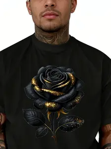 2025 Men's New Casual Pure Cotton T-shirt, Black and Golden Rose Print Design, Men's Summer Outdoor Clothing.