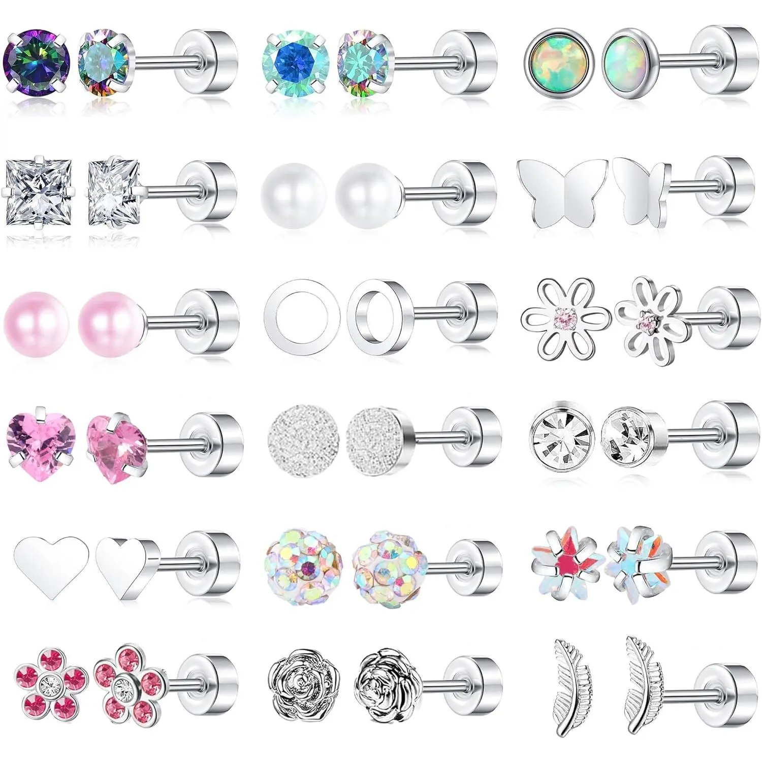 Unisex 18-Pair G23 Titanium Hypoallergenic Stainless Steel Stacking Earrings Set, 20G Screw Flat Back Studs with Star, Leaf, Opal, CZ, Heart, Flower Designs, Fashion Jewelry Accessories for Daily Wear