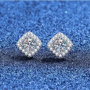 S925 Sterling Silver Earrings, Small Sugar Cube Moissanite Stud Earrings, Women's Popular Style, Petite and Luxurious Moissanite Earrings