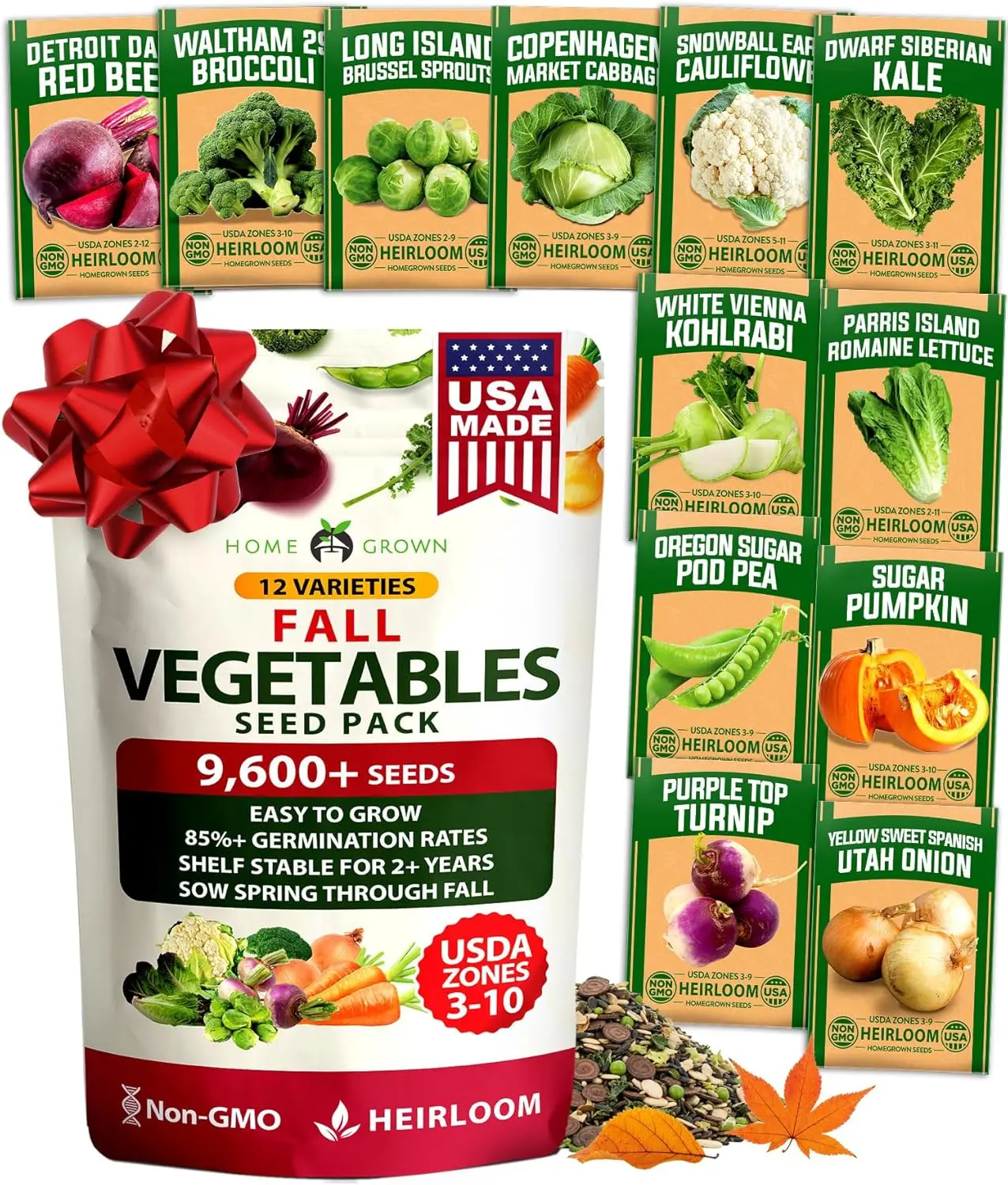 12 Fall Vegetable Seeds 9600+ Heirloom Non-GMO, High Germination, Cold Hardy Frost Tolerant Cool Season Garden, Beets, Kale, Cabbage, Peas, Broccoli, Lettuce, Onions (12 Varieties)