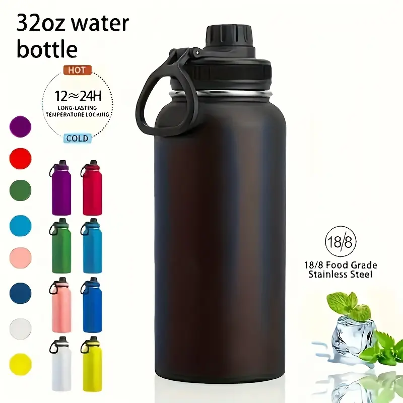 32oz Stainless Steel Leak Proof Vacuum Insulated Water Bottle - Food Contact Safe, Ideal for Christmas, Wide Mouth Thermocooler for Sports, Outdoor Activities, Hot and Cold Beverages, Halloween, Easter, Hanukkah, Thanksgiving Drinkware Flasks