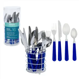 Gibson Home Sensations 16 Piece Stainless Steel Flatware Set with Wire Caddy Blue Ergonomic Handles Dishwasher Safe for Kids