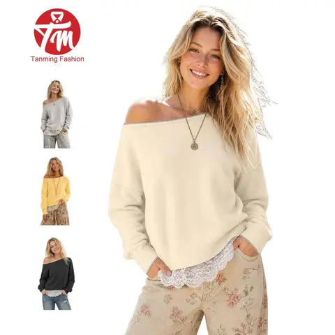 Tanming Womens Lace-Trim Sweater - Convertible Scoop Neck & Versatile Off-the-Shoulder Pullover Long-Sleeve Top with Layered Hem - Fall Winter Casual Commute Office Date Shopping Party Outdoor Travel Streetwear Outfits