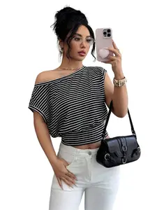 Summer New Striped Off-Shoulder Batwing Sleeve Shirt for Women, Elegant Slim-Fit Pleated Top, Versatile Office Casual Blouse