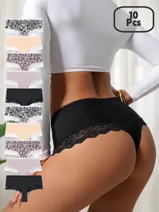 10-Pack Leopard Print Lace Thongs, Simple Solid Color Contrast Lace Women's Panties, Seamless Fitted Comfortable Breathable All-Season Lingerie