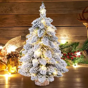Christmas Home Decoration 60 cm Pre-assembled Tree with LED Lights Snowflake Decor Wooden Base for Desks Living Rooms and Bedrooms Ornaments Indoor Decorative Light Holiday Festive Home Tree Decoration