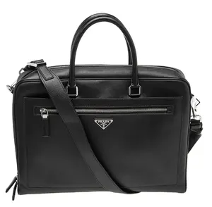 Pre-owned PRADA leather Professional & Technology Bags Black Saffiano Travel Business Bag xiaotang011