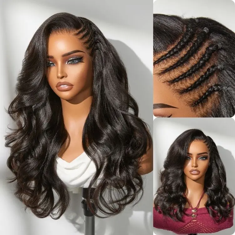 Luvme Side Braided Yaki Body Wave Glueless Ear-to-ear 13x6 Frontal HD Lace Wig Human Hair Flexi-Fit Drawstring Cap