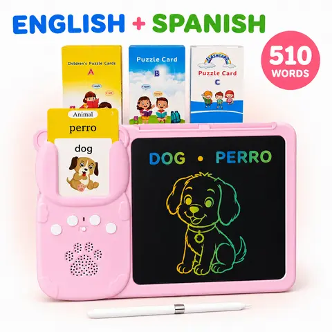 KIDGENIUS Bilingual Talking Flash Cards with Charging Erasable LCD Drawing Pad, 510 English-Spanish Sight Words, Portable Plastic Sensory Toy for Bilingual Interactive Sound Learning, 2-8 Years Autism Therapy Gift, Erasable Drawing Pad