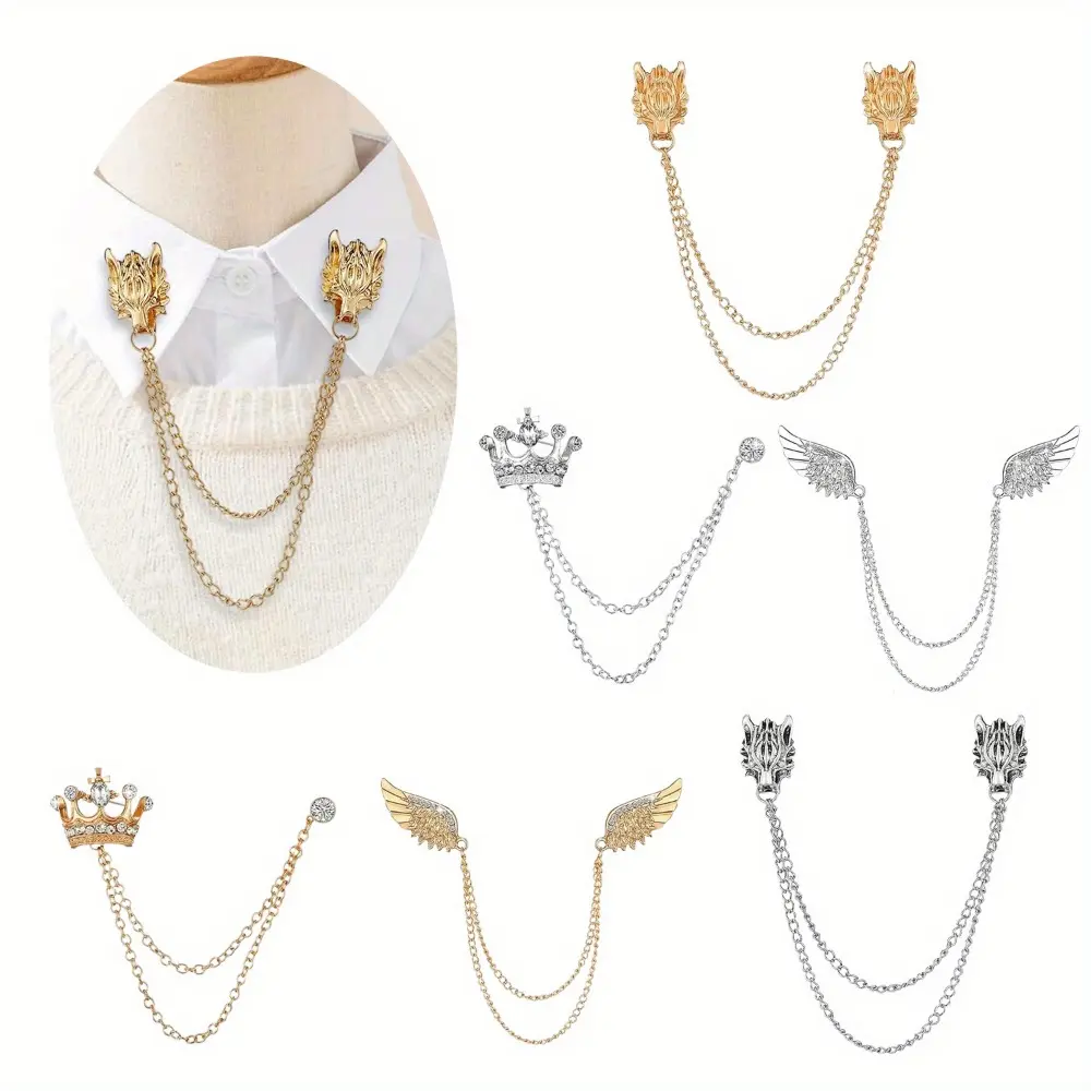 Men's 6-Piece Collar Pin Brooch Set, Elegant Gold & Silver Alloy with Tassel Chains, Crown & Animal Designs for Suits, Business, Weddings, Halloween, Graduation, Lightweight, Male, Clasps At The Back, Brooches, Chain Tassels, One Size, Father