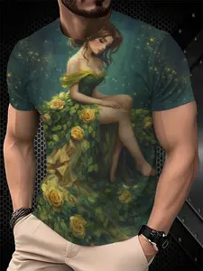 Men's Printed T-Shirt - Black/Gradient Multi-color Trendy Top, Round-neck Short-Sleeved T-shirt, suitable for daily wear, casual gatherings, fashionable gradient style, machine washable