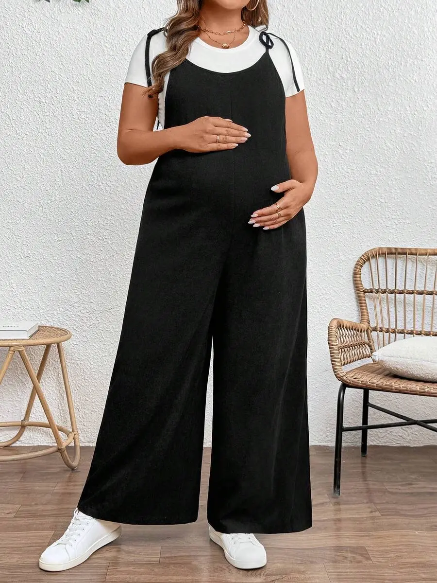Maternity Clothes Plus-Size Maternity Clothing Casual Summer Black Wide-Leg Jumpsuit With Shoulder Straps