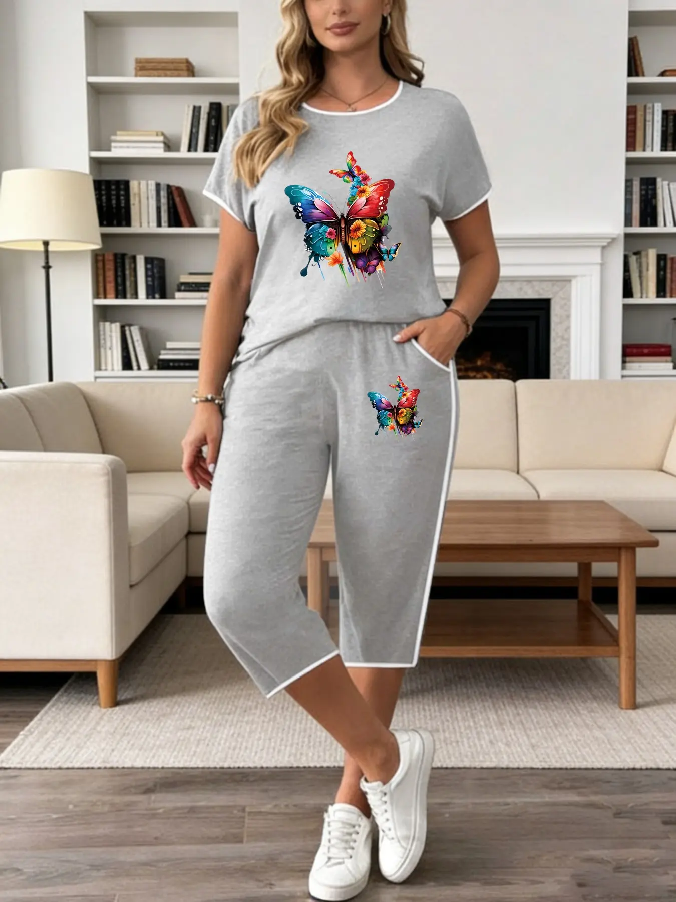 Women's Casual Two-Piece Set, Butterfly Print Elastic T-Shirt and Capri Pants, Summer Fashion for Plus Size Ladies