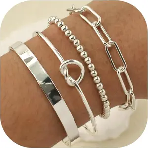 4PCS Gold Bangle Cuff Knot Bracelet for Women Stack Non Tarnish 14k Gold Plated Dainty Cubic Zirconia Tennis Bracelets Jewelry Set for Women Trendy