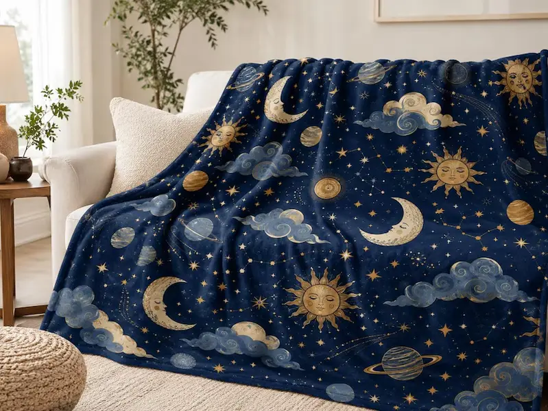 Celestial Fleece Blanket, Sun Moon Stars Throw Blanket, Astrology Space Blanket, Vintage Cosmic Bedroom Decor, Gift for Moon Lover