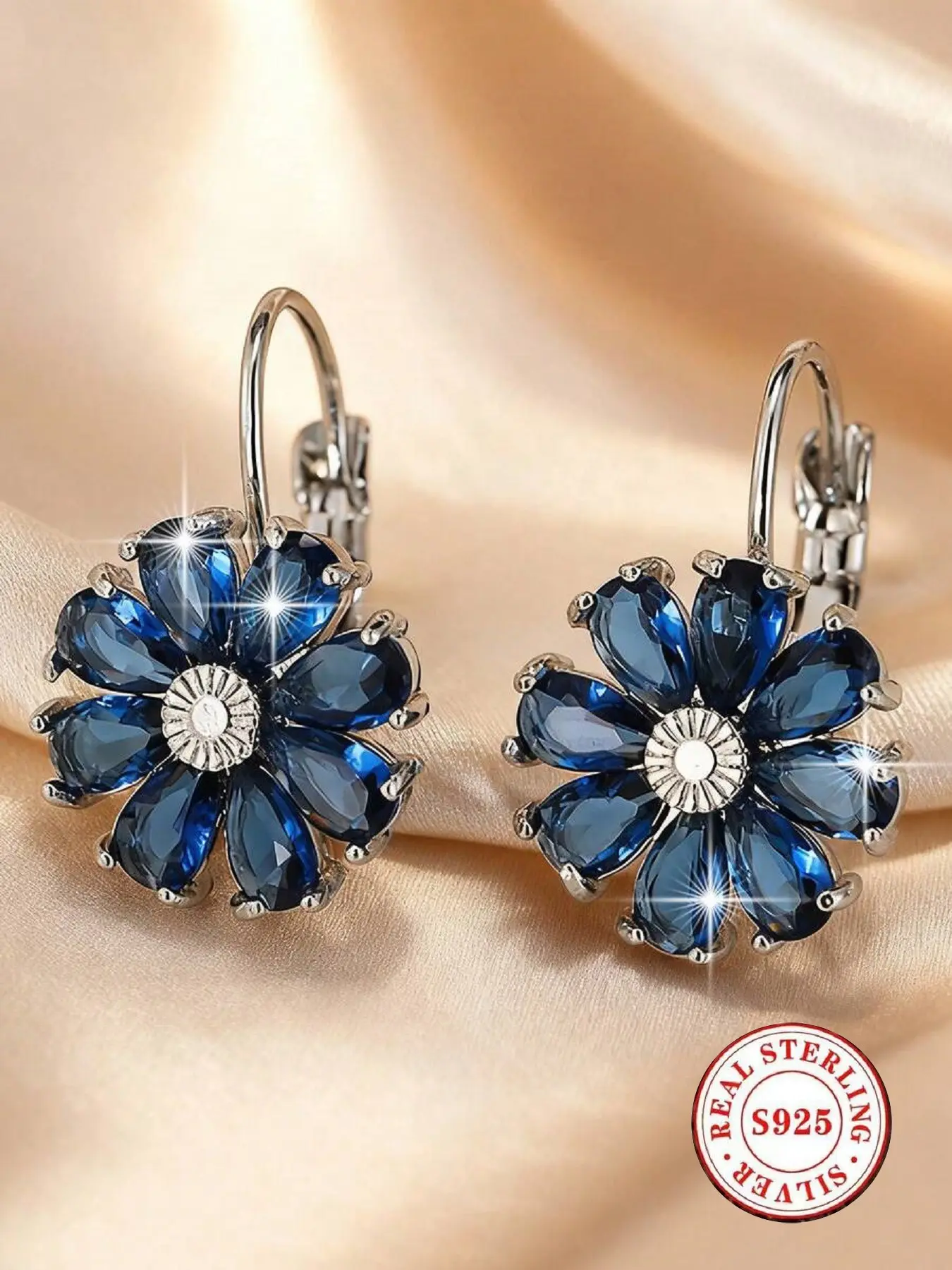 S925 Sterling Silver Floral Hoop Earrings for Women, Hypoallergenic Zircon Daisy Drop Earrings, Sparkling Blue & White Cubic Zirconia Jewelry, Perfect for Wedding & Daily Wear