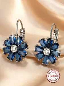 S925 Sterling Silver Floral Hoop Earrings for Women, Hypoallergenic Zircon Daisy Drop Earrings, Sparkling Blue & White Cubic Zirconia Jewelry, Perfect for Wedding & Daily Wear
