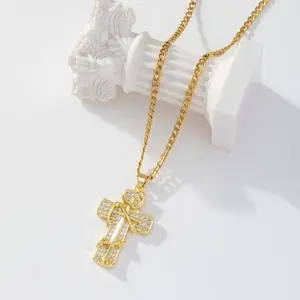 Iced Out Cross Pendant Necklace 14K Gold Plated Bling CZ Stone Hip Hop Style for Men Women Fashion Jewelry Elegant Design