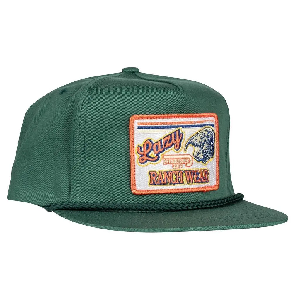 Retro Green Trucker Hat with Hereford Ranch Graphic & Hereford Rope - High Profile, Structured 5-Panel Design, Classic Snapback Closure, Rancher Style, Western Vibes, Flat Bill, Cowboy Aesthetic, Polyester-Cotton Outdoor Accessory