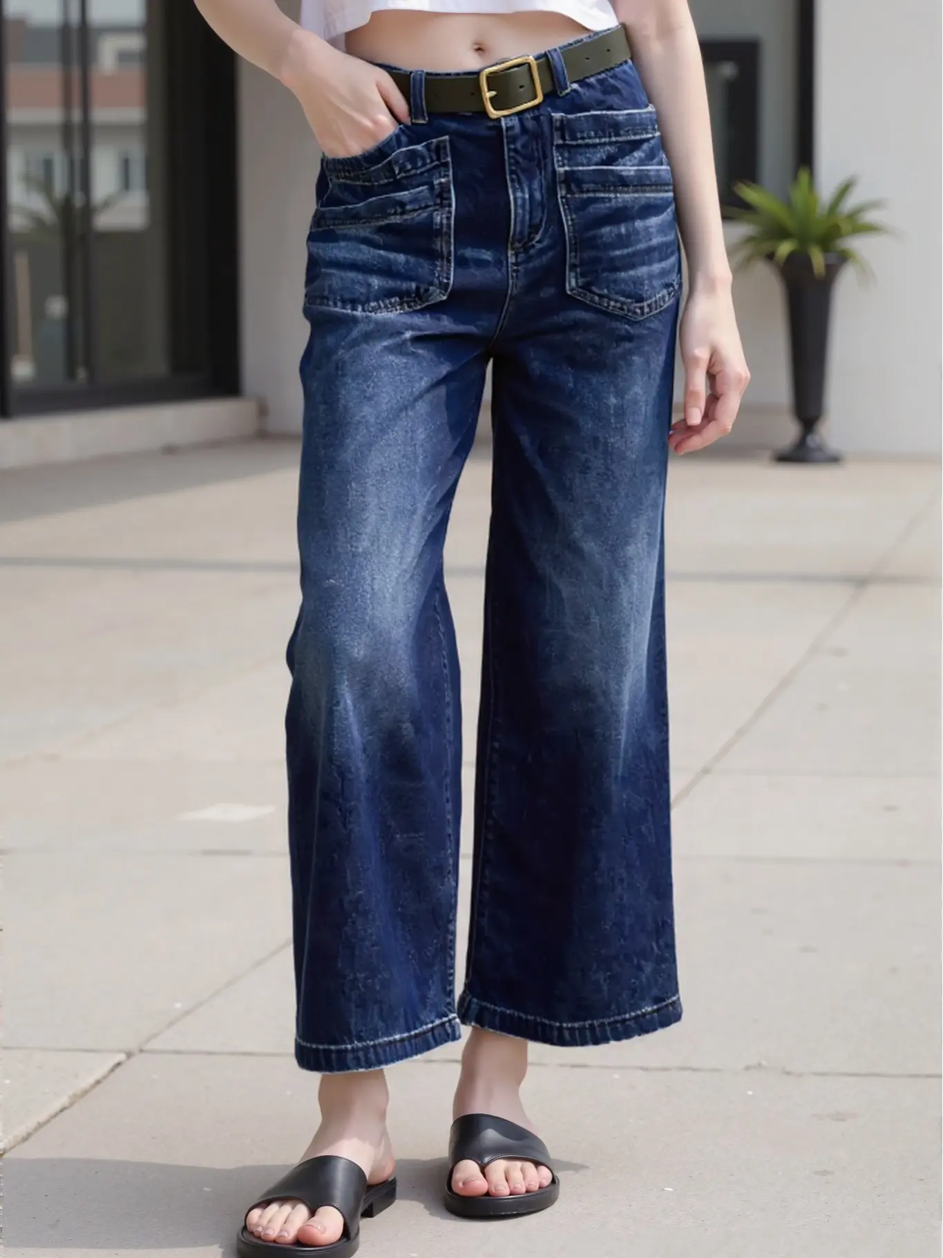 Vintage Dark Blue Cropped Wide Leg Jeans For Women Mid Waist Stitched Patch Pockets Loose Fit Ankle Length Denim Trousers Casual Daily Wear