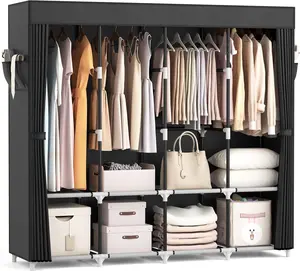 Portable Closet for Hanging Clothes 67 Inch Wide Large Capacity Portable Wardrobe Closet with Cover, 4 Storage Shelves and 4 Hanging Rod Sturdy Free Standing Closet for Bedroom, Black