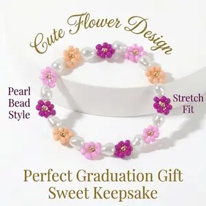 Graduation Gift Bracelet for Girls, Cute Flower Beaded Stretch Bracelet with Pearl Style Beads, Elementary Middle School Graduation Gift pre k graduation gifts present