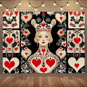 1pc 2D Flat Queen of Hearts Playing Card Design Backdrop - Vintage Romantic Theme Party Banner with Intricate Heart Patterns, Polyester Fabric for Weddings, Birthdays, Graduations, Studio Photograph White