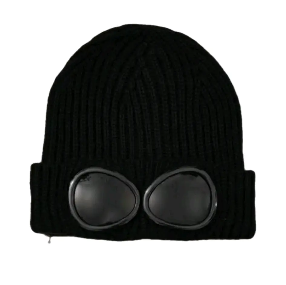 Goggle Hat - Black Knit Beanie with Large Round Goggles for Winter Fashion