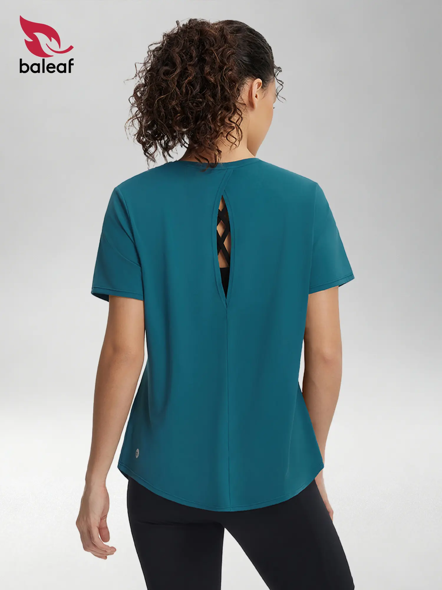 BALEAF Women's Open Back Athletic T-Shirt Short Sleeve Loose Fit Workout Top Quick Dry Lightweight Breathable Moisture Wicking Curved Hem Yoga Running Training Gym Casual Activewear