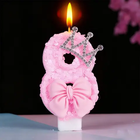 1pcs Sparkling pink birthday candles with rhinestone crowns and pink bows - glittery birthday and anniversary party decorations, DIY Friendly festive girl candles, Cake Decorations, Cake decoration supplies